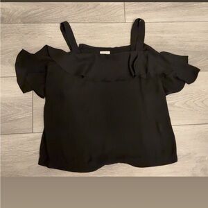 J Crew Size 6 Cold Shoulder Black Sheer Dressy Blouse Ruffle Accent EUC